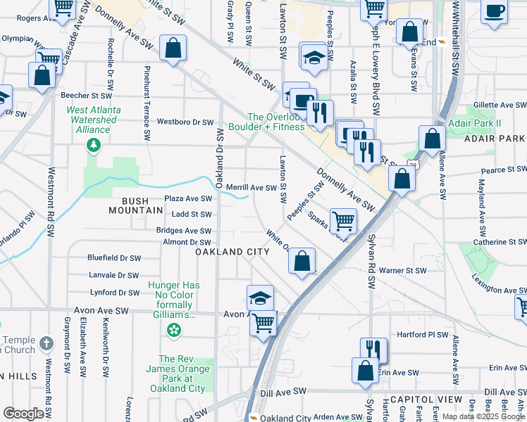map of restaurants, bars, coffee shops, grocery stores, and more near 1105 Cordova Street Southwest in Atlanta