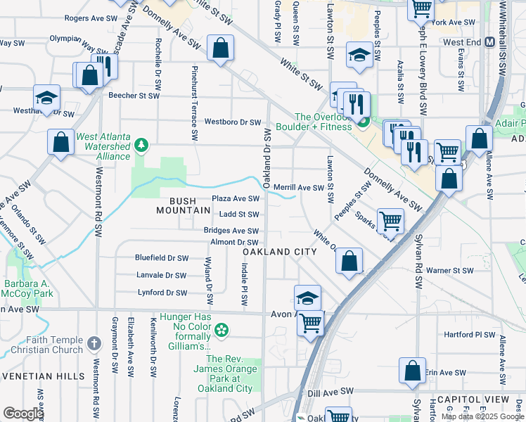 map of restaurants, bars, coffee shops, grocery stores, and more near 1009 Oakland Drive Southwest in Atlanta
