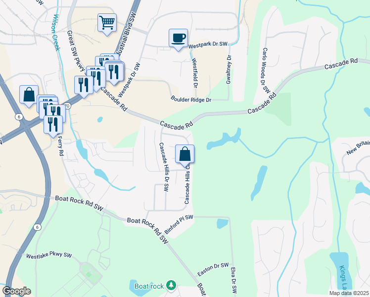 map of restaurants, bars, coffee shops, grocery stores, and more near 106 Lost Springs Lane Southwest in Atlanta
