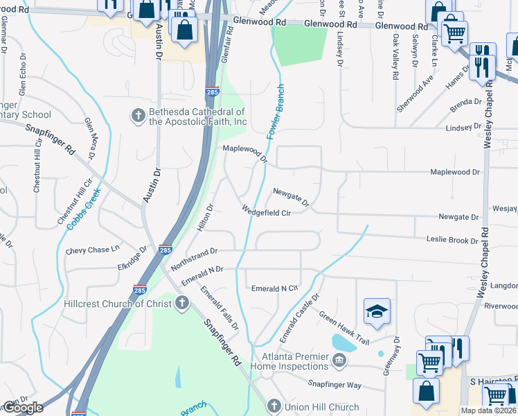 map of restaurants, bars, coffee shops, grocery stores, and more near 2101 Newgate Drive in Decatur