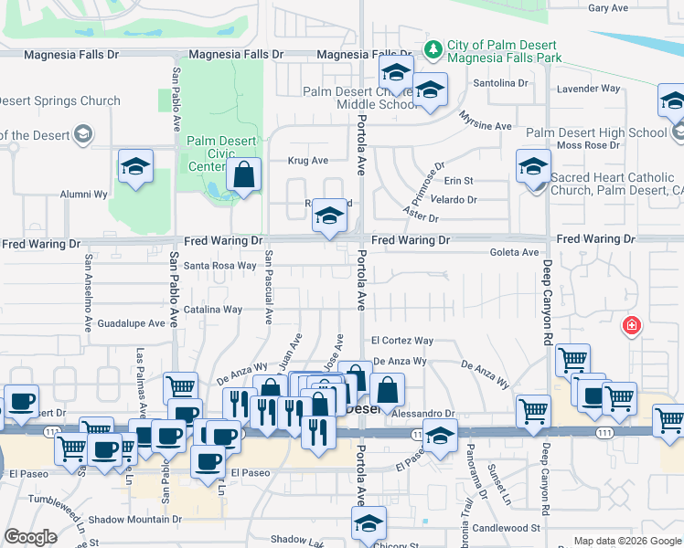 map of restaurants, bars, coffee shops, grocery stores, and more near 73980 Olive Court in Palm Desert