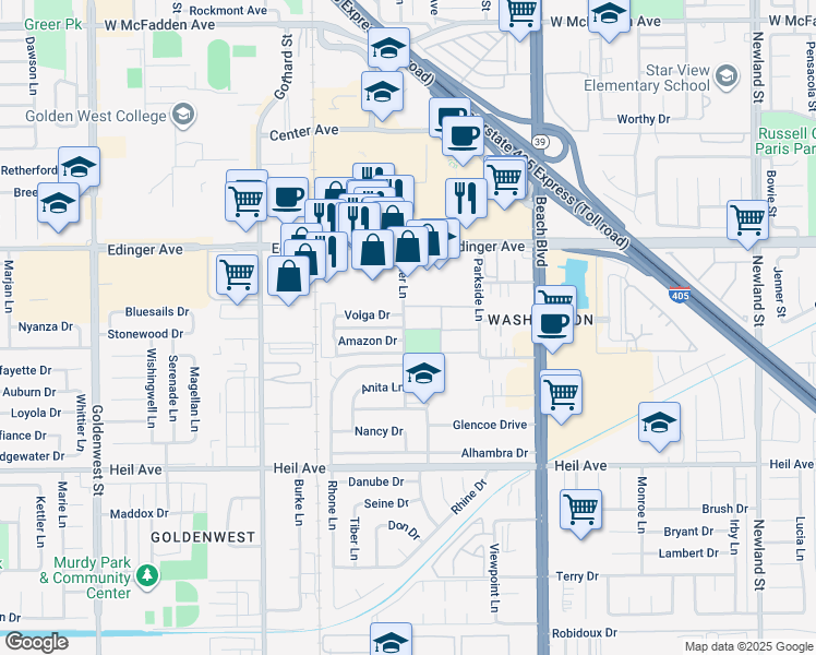 map of restaurants, bars, coffee shops, grocery stores, and more near 12 Sher Lane in Huntington Beach