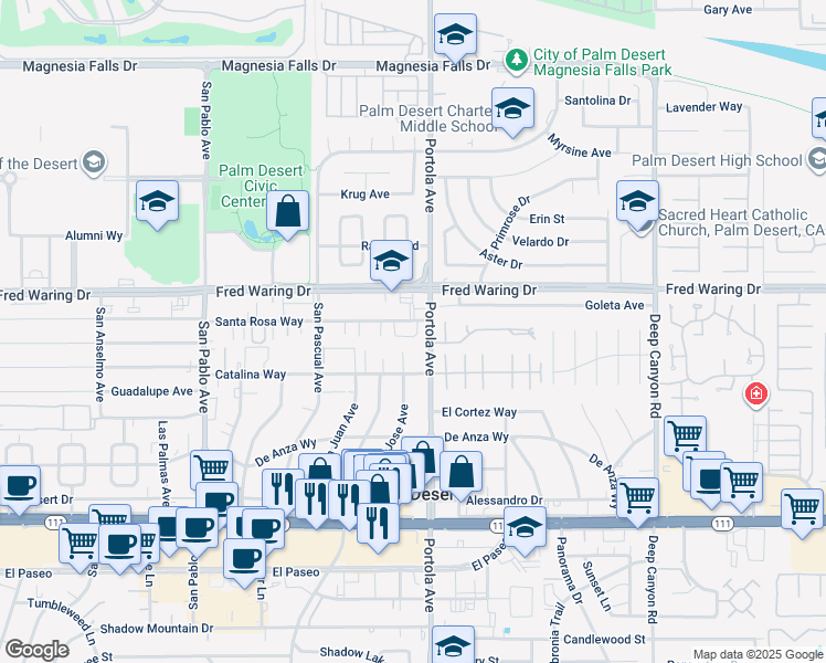 map of restaurants, bars, coffee shops, grocery stores, and more near 73980 Olive Court in Palm Desert