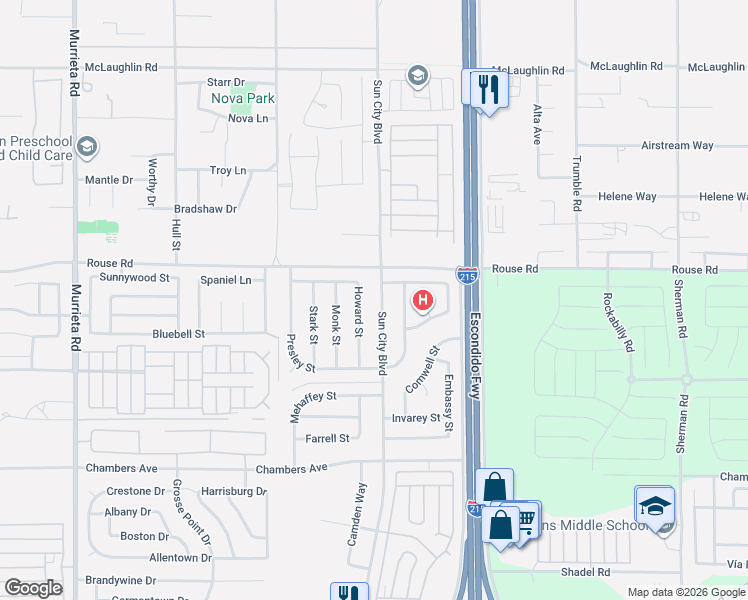 map of restaurants, bars, coffee shops, grocery stores, and more near 28409 Sun City Boulevard in Menifee