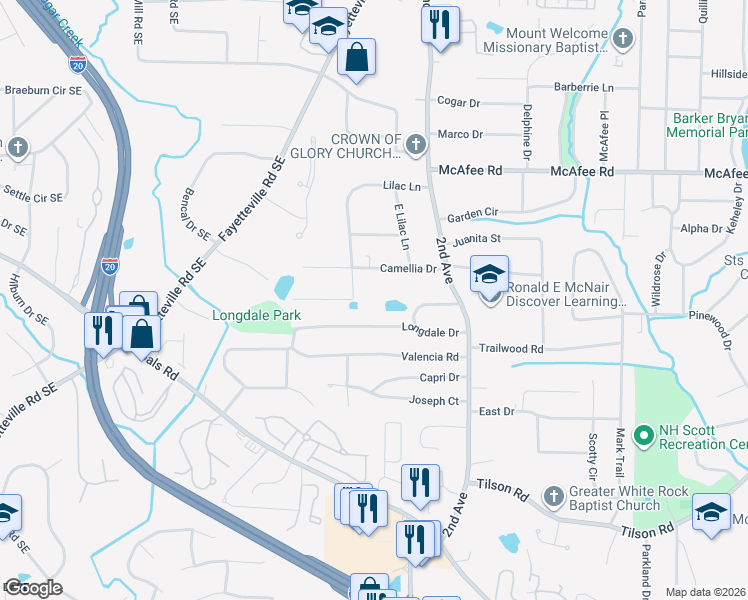 map of restaurants, bars, coffee shops, grocery stores, and more near 2149 Lilac Lane in Decatur