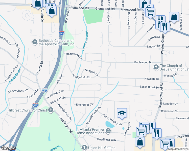 map of restaurants, bars, coffee shops, grocery stores, and more near 4016 Wedgefield Circle in Decatur