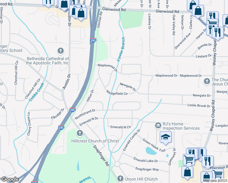 map of restaurants, bars, coffee shops, grocery stores, and more near 2101 Newgate Drive in Decatur