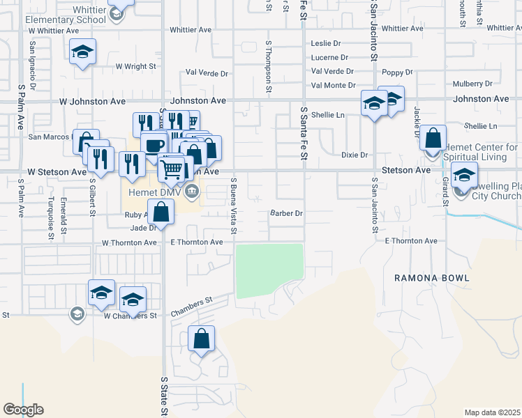 map of restaurants, bars, coffee shops, grocery stores, and more near 660 Barber Drive in Hemet