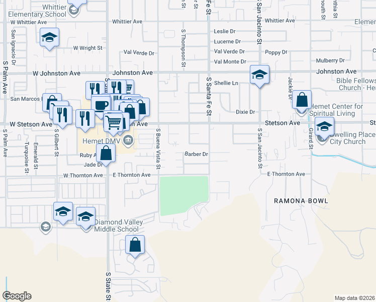 map of restaurants, bars, coffee shops, grocery stores, and more near 700 Barber Drive in Hemet