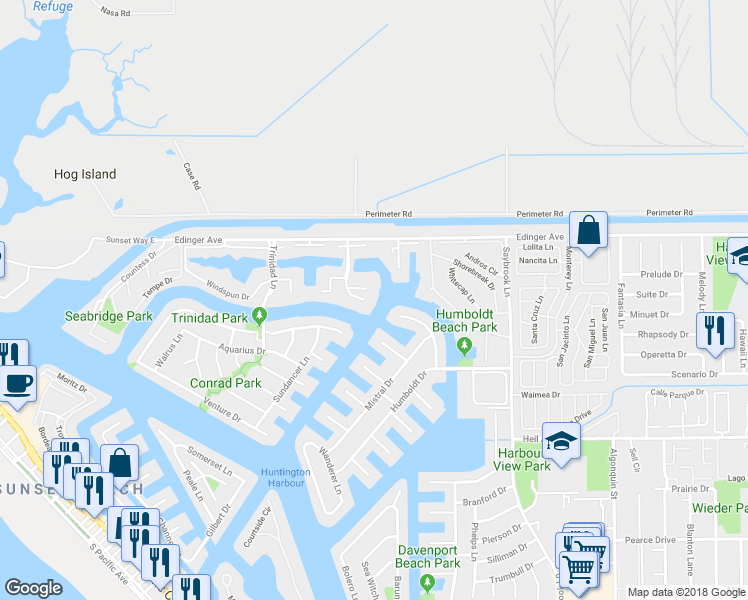 map of restaurants, bars, coffee shops, grocery stores, and more near 16172 Bimini Lane in Huntington Beach