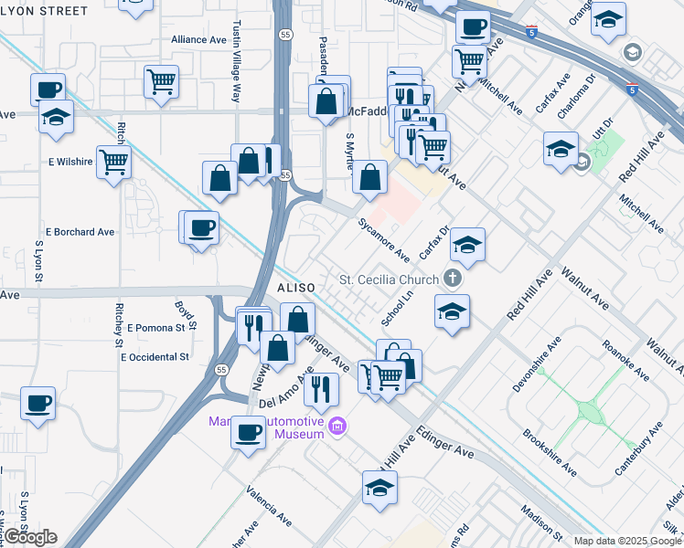 map of restaurants, bars, coffee shops, grocery stores, and more near 14820 Sampson Court in Tustin