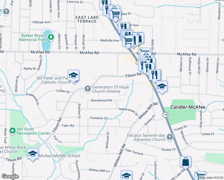map of restaurants, bars, coffee shops, grocery stores, and more near 2540 Brentwood Court in Decatur