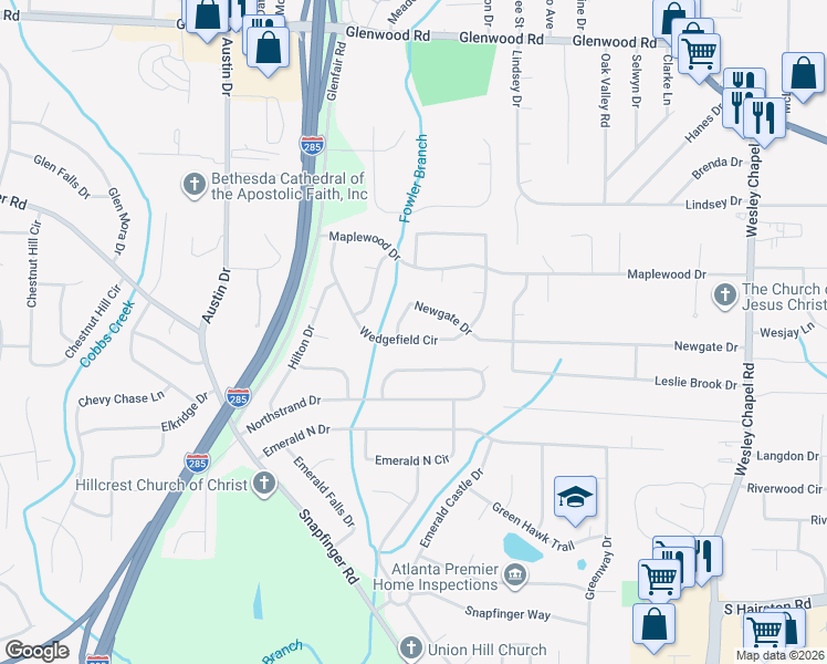 map of restaurants, bars, coffee shops, grocery stores, and more near 3976 Wedgefield Circle in Decatur