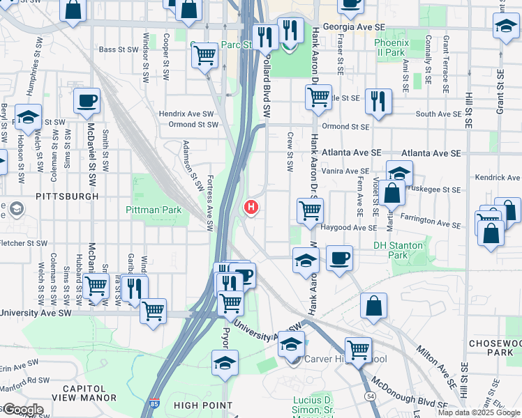map of restaurants, bars, coffee shops, grocery stores, and more near 999 Washington Street Southwest in Atlanta