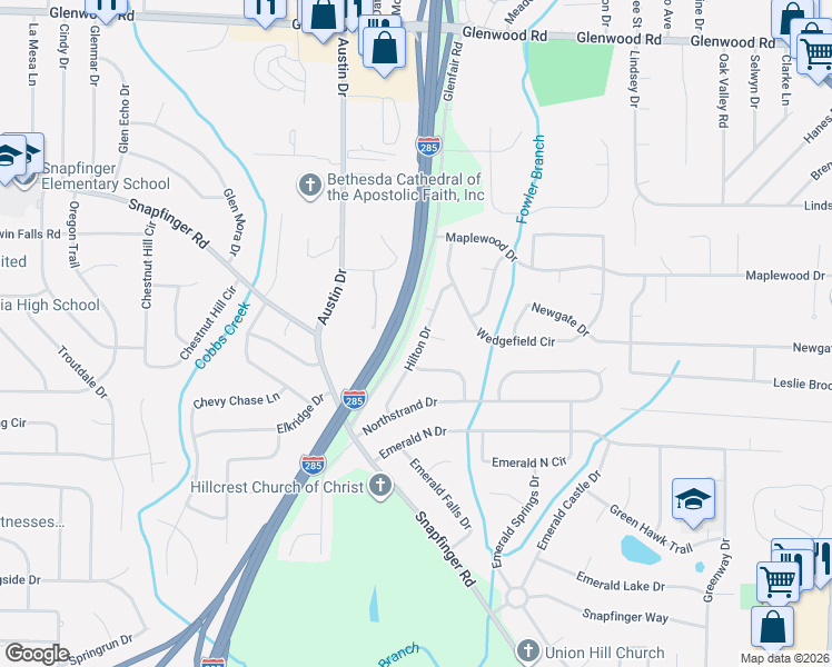 map of restaurants, bars, coffee shops, grocery stores, and more near 2108 Hilton Drive in Decatur