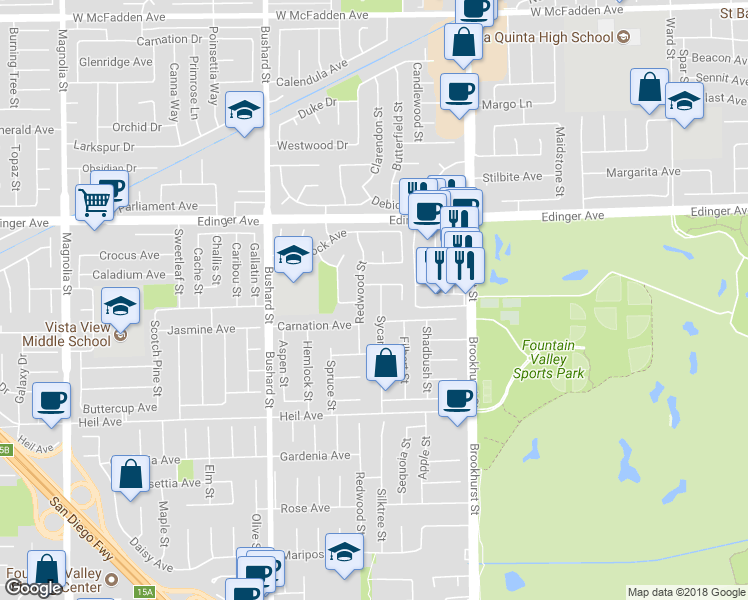 map of restaurants, bars, coffee shops, grocery stores, and more near 16211 Sycamore Street in Fountain Valley