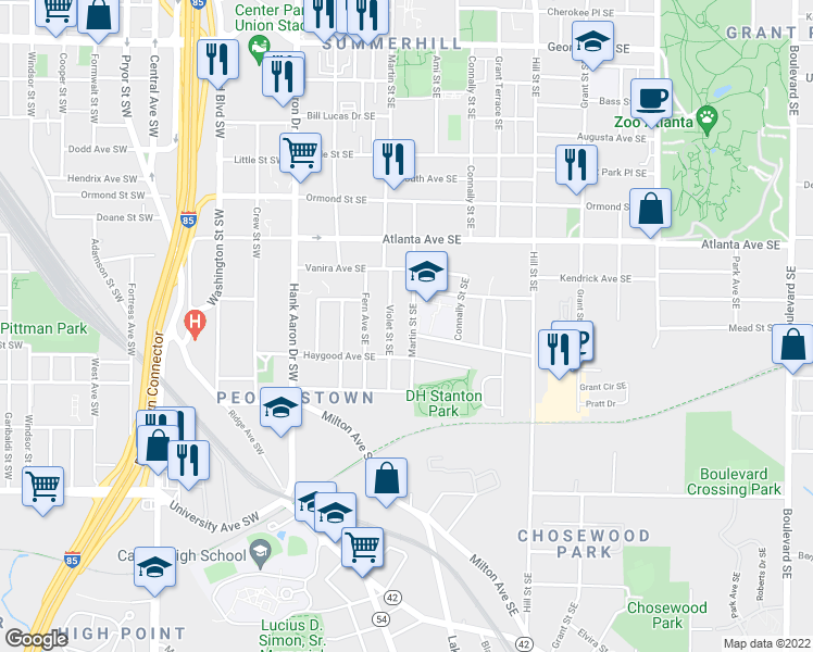 map of restaurants, bars, coffee shops, grocery stores, and more near 987 Martin Street Southeast in Atlanta