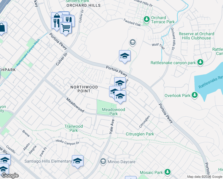 map of restaurants, bars, coffee shops, grocery stores, and more near 120 Timberwood in Irvine