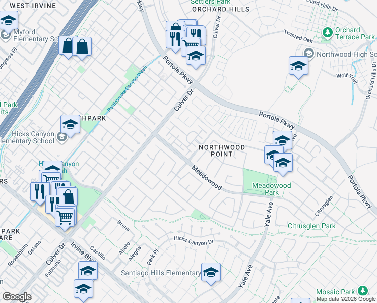 map of restaurants, bars, coffee shops, grocery stores, and more near 315 Rathbourne in Irvine