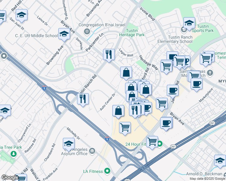 map of restaurants, bars, coffee shops, grocery stores, and more near 9 Auto Center Drive in Tustin