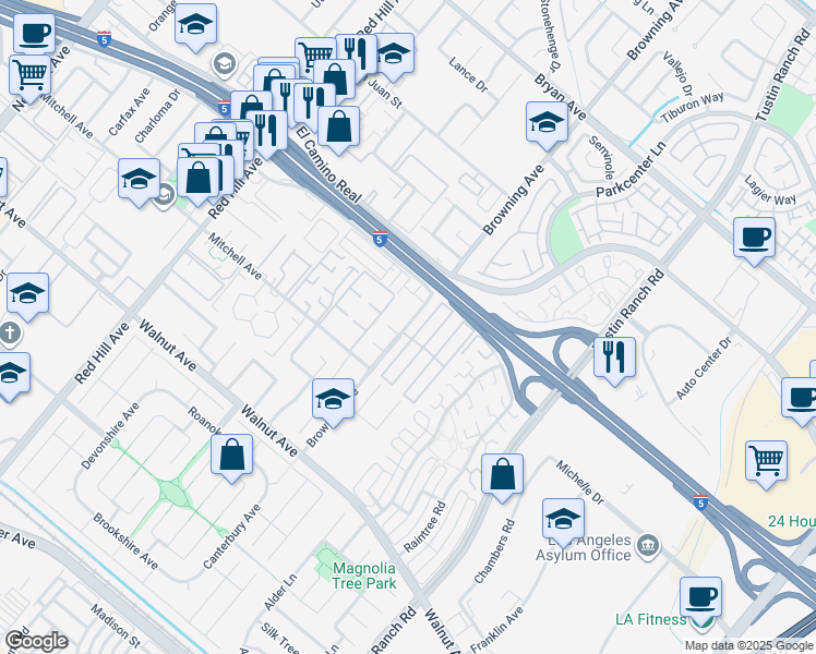 map of restaurants, bars, coffee shops, grocery stores, and more near 154 Granada Street in Tustin