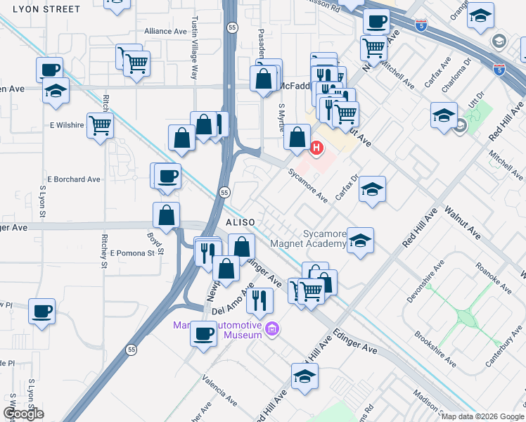 map of restaurants, bars, coffee shops, grocery stores, and more near 14820 Sampson Court in Tustin