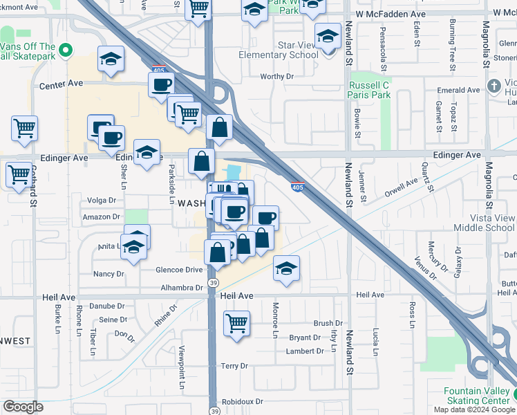 map of restaurants, bars, coffee shops, grocery stores, and more near 16171 Malaga Lane in Huntington Beach