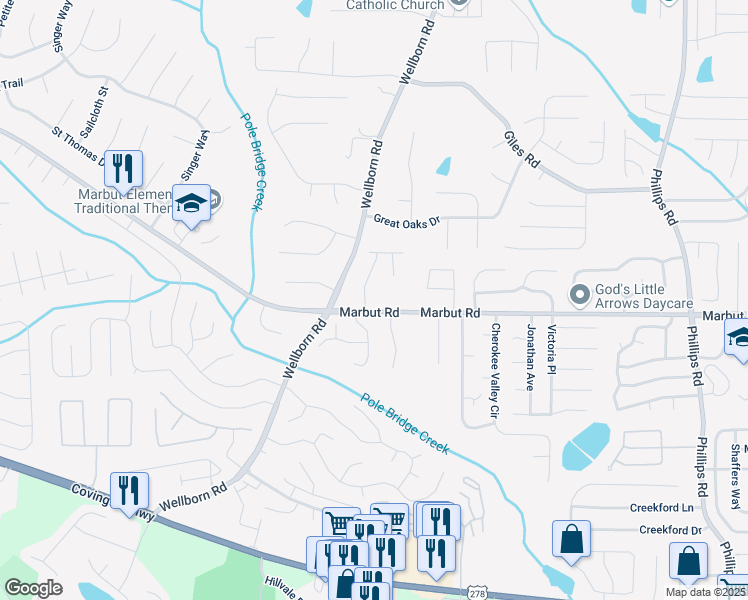 map of restaurants, bars, coffee shops, grocery stores, and more near 2090 Marbut Lane in Lithonia