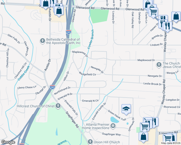 map of restaurants, bars, coffee shops, grocery stores, and more near 3976 Wedgefield Circle in Decatur