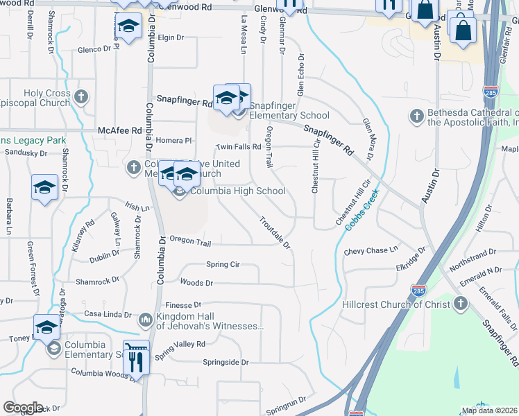 map of restaurants, bars, coffee shops, grocery stores, and more near 2091 Troutdale Drive in Decatur
