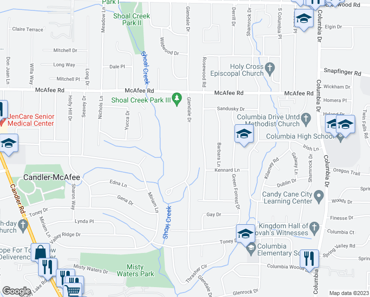 map of restaurants, bars, coffee shops, grocery stores, and more near 2131 Glendale Drive in Decatur