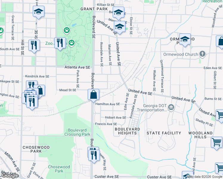 map of restaurants, bars, coffee shops, grocery stores, and more near 655 Mead Street Southeast in Atlanta