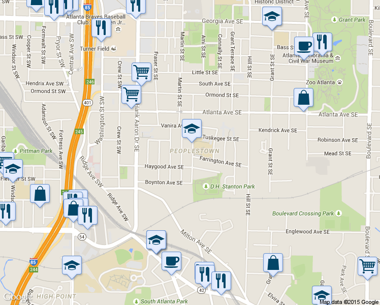 map of restaurants, bars, coffee shops, grocery stores, and more near 987 Martin Street Southeast in Atlanta