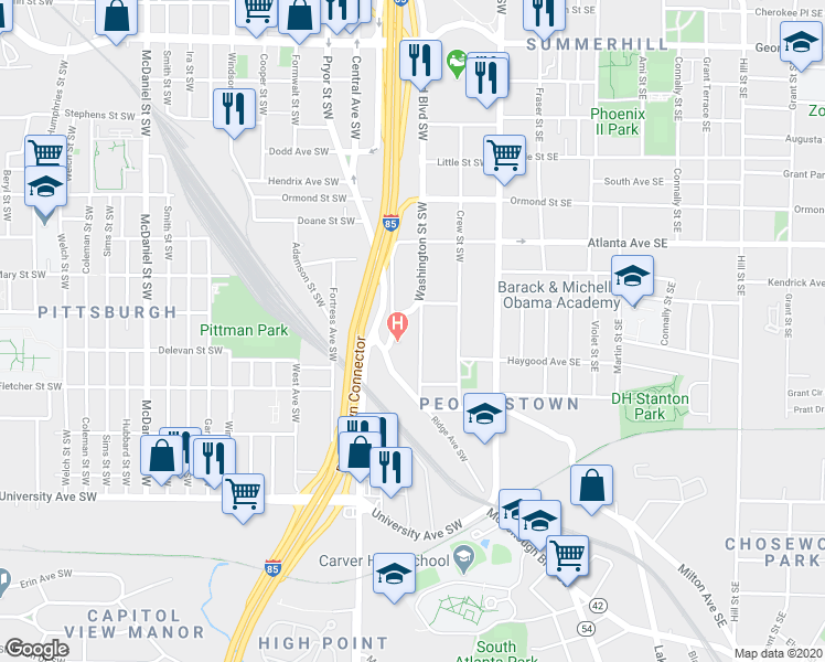 map of restaurants, bars, coffee shops, grocery stores, and more near 999 Washington Street Southwest in Atlanta