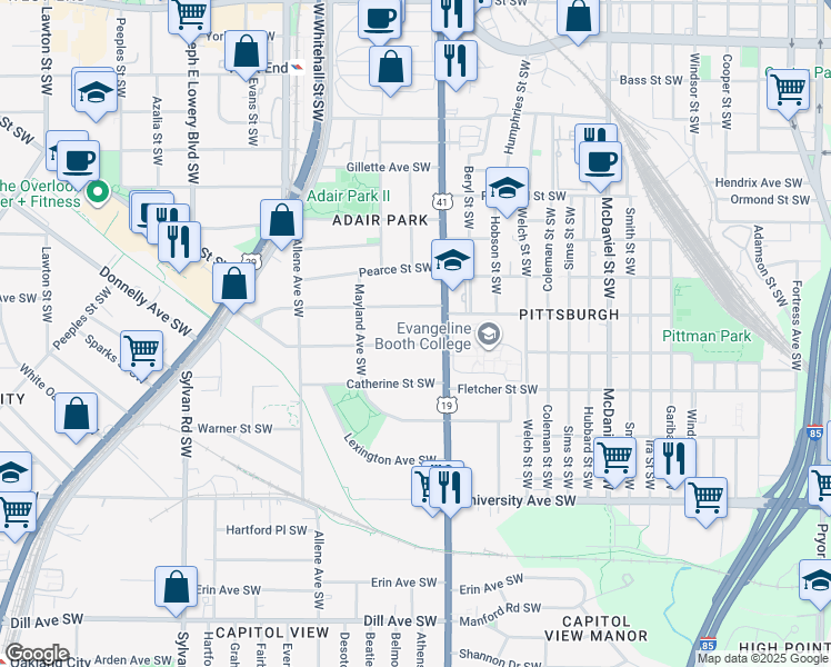 map of restaurants, bars, coffee shops, grocery stores, and more near 665 Brookline Street Southwest in Atlanta