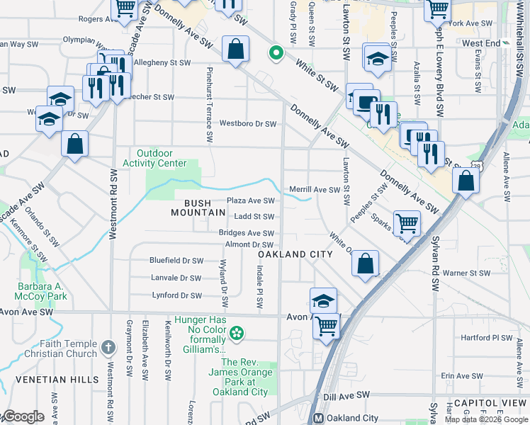 map of restaurants, bars, coffee shops, grocery stores, and more near 1255 Ladd Street Southwest in Atlanta