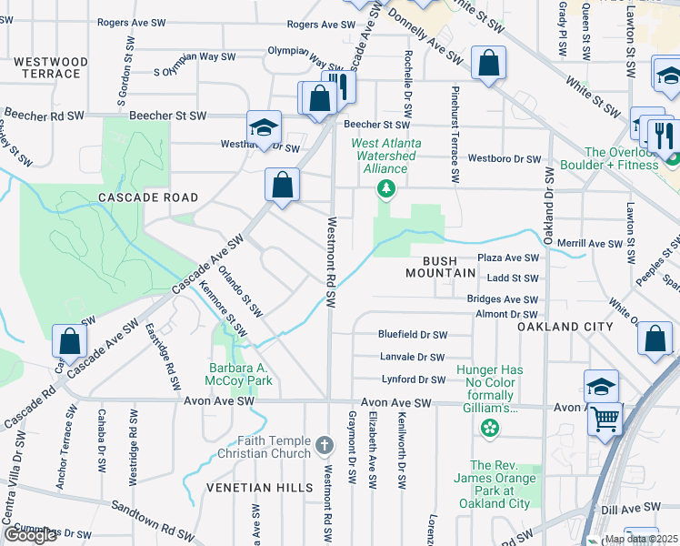 map of restaurants, bars, coffee shops, grocery stores, and more near 1018 Westmont Road Southwest in Atlanta
