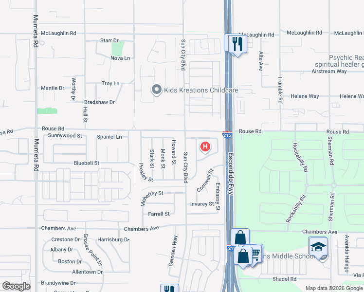 map of restaurants, bars, coffee shops, grocery stores, and more near 28409 Sun City Boulevard in Menifee