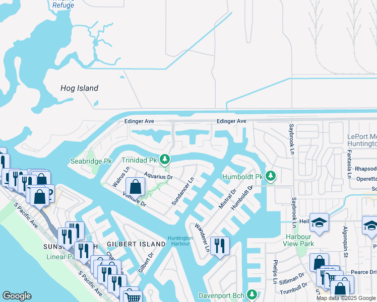 map of restaurants, bars, coffee shops, grocery stores, and more near 16136 Tortola Circle in Huntington Beach