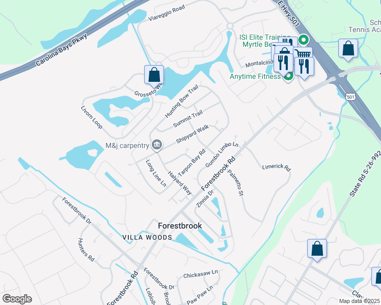 map of restaurants, bars, coffee shops, grocery stores, and more near 4010 Pilot House Court in Myrtle Beach