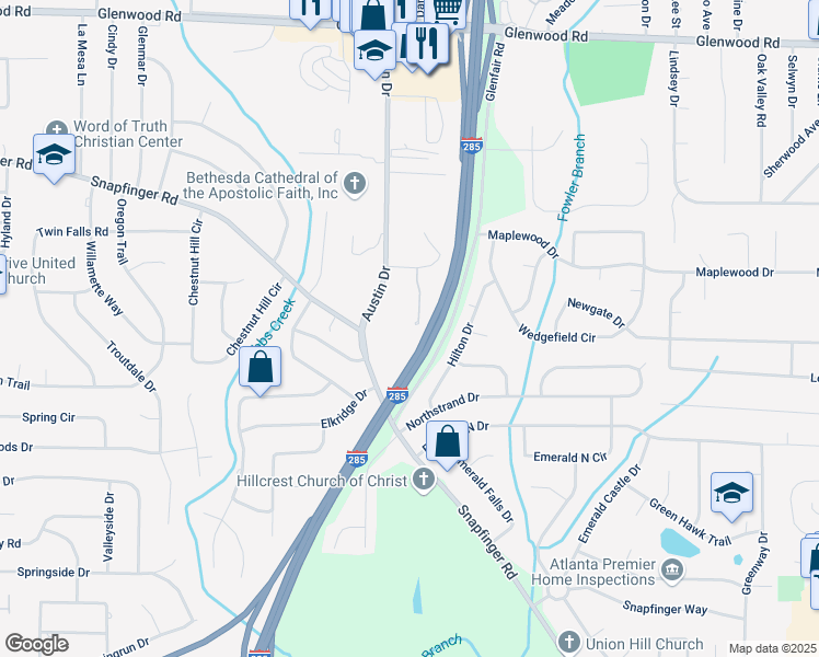 map of restaurants, bars, coffee shops, grocery stores, and more near 2099 Easterwood Court in Decatur
