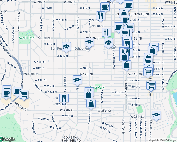map of restaurants, bars, coffee shops, grocery stores, and more near 1817 South Alma Street in Los Angeles