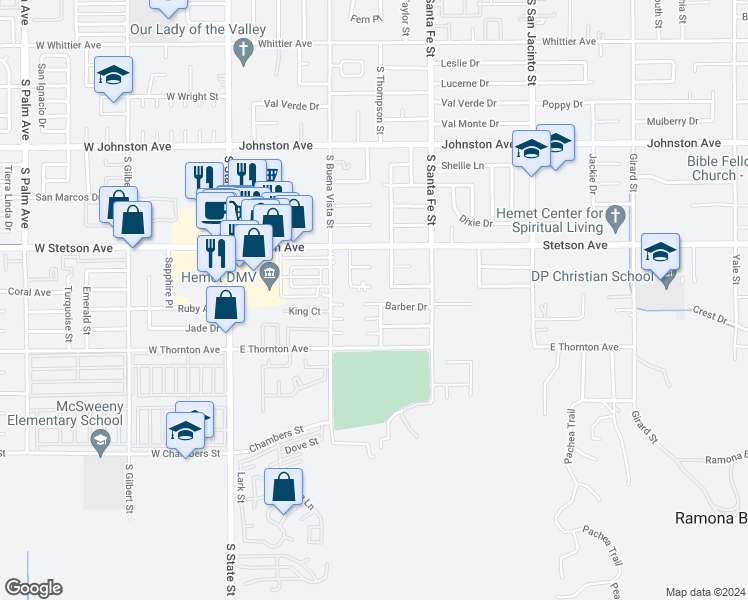map of restaurants, bars, coffee shops, grocery stores, and more near 680 Barber Drive in Hemet