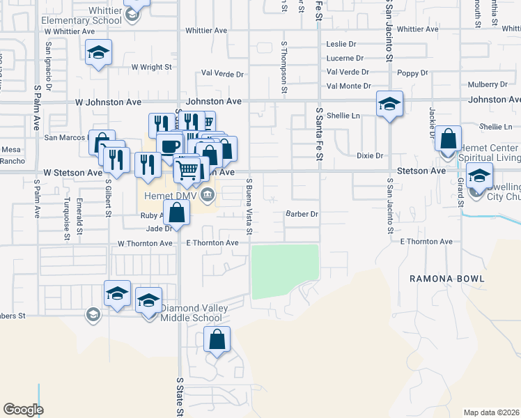 map of restaurants, bars, coffee shops, grocery stores, and more near 540 Barber Drive in Hemet