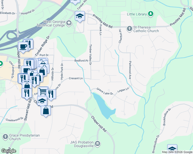 map of restaurants, bars, coffee shops, grocery stores, and more near 4543 Cresant Ln in Douglasville