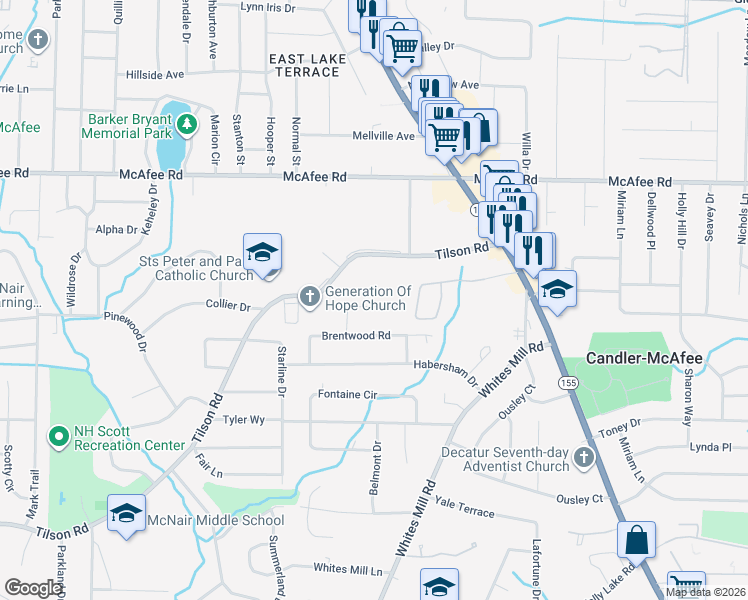 map of restaurants, bars, coffee shops, grocery stores, and more near 2522 Brentwood Court in Decatur