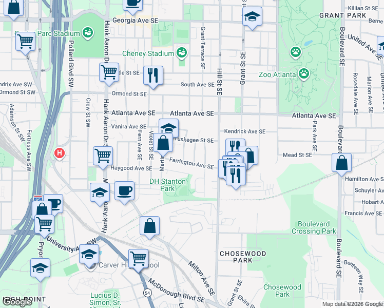 map of restaurants, bars, coffee shops, grocery stores, and more near 989 Farrington Place Southeast in Atlanta