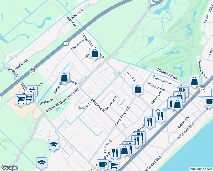 map of restaurants, bars, coffee shops, grocery stores, and more near 900 Courtyard Drive in Myrtle Beach