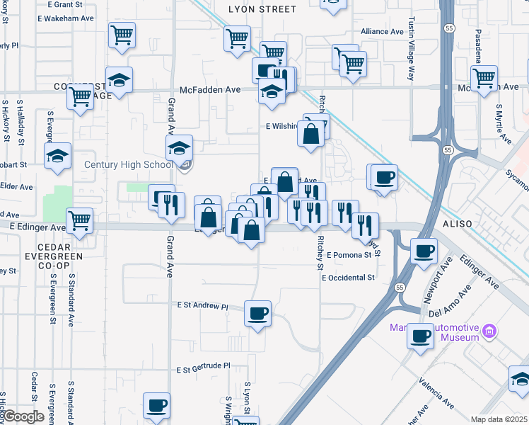 map of restaurants, bars, coffee shops, grocery stores, and more near 87 South Lyon Street in Santa Ana