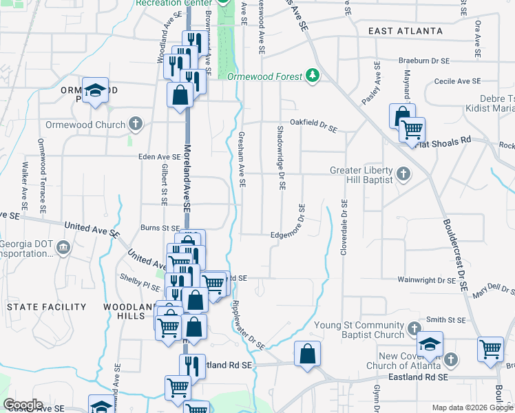 map of restaurants, bars, coffee shops, grocery stores, and more near 951 Stokeswood Avenue Southeast in Atlanta